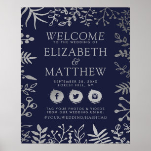 Elegant Navy & Silver Floral Wedding Welcome Poster