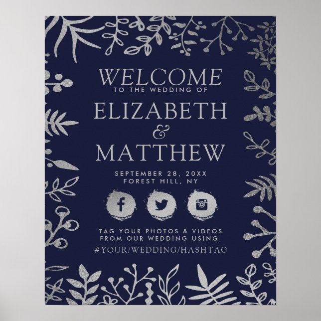 Elegant Navy & Silver Floral Wedding Welcome Poster (Front)