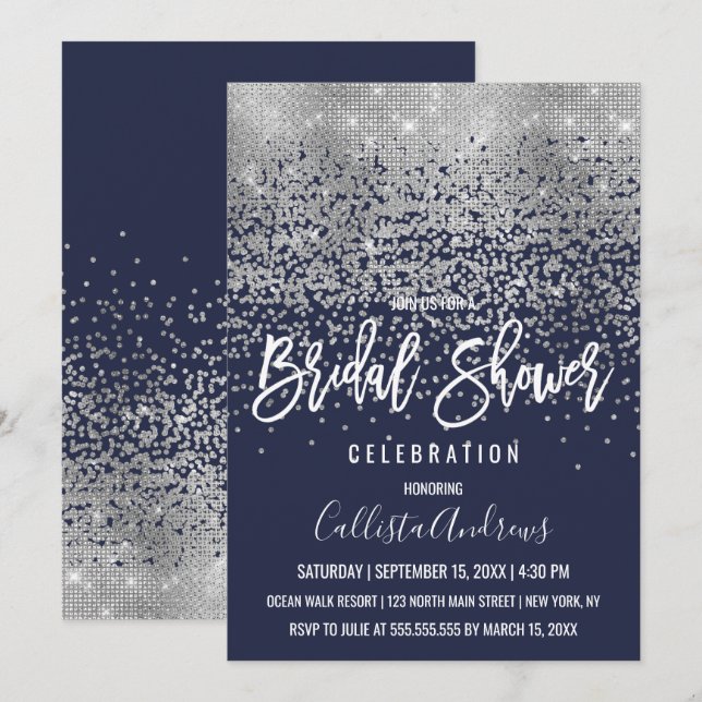 Elegant Navy Silver Glitter Confetti Bridal Shower Invitation (Front/Back)