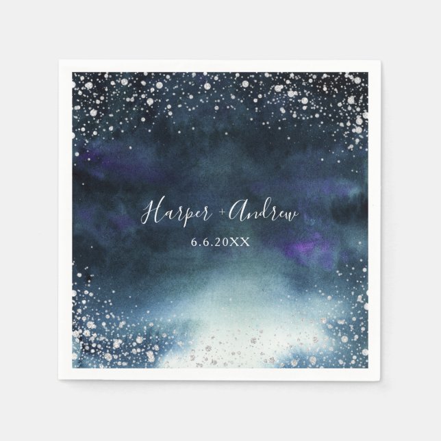 Elegant Navy Silver Glitter Wedding Napkin (Front)