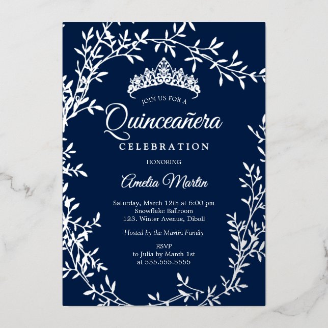 Elegant Navy Silver Leaf Wreath Quinceanera (Front)