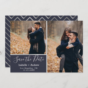 Elegant Navy Silver Photo Collage Save the Date