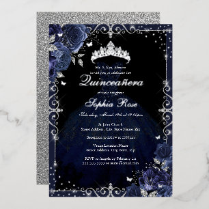Elegant Navy Silver Rose Dress Quinceanera