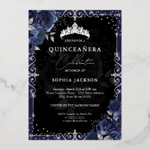 Elegant Navy Silver Rose Quinceanera