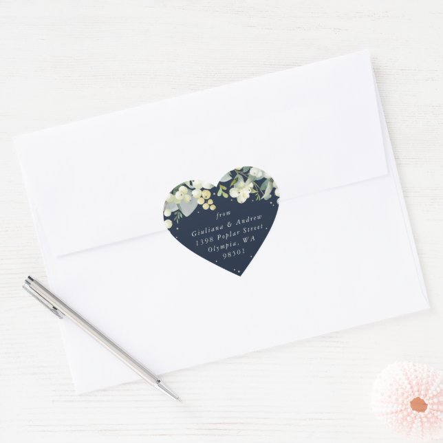Elegant Navy Snowberry+Eucalyptus Address Heart Sticker (Envelope)