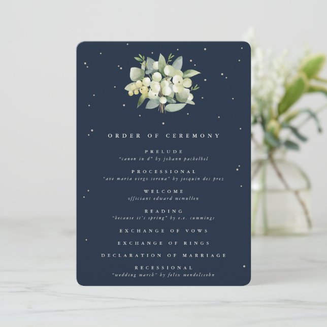 Elegant Navy Snowberry+Eucalyptus Bouquet Wedding Programme (Standing Front)