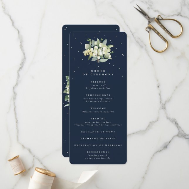 Elegant Navy Snowberry+Eucalyptus Bouquet Wedding Programme (Front/Back In Situ)