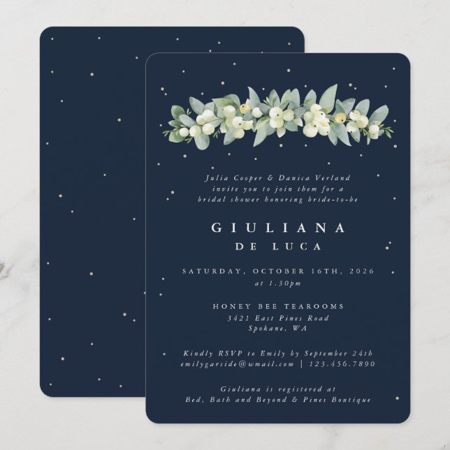 Elegant Navy Snowberry+Eucalyptus Bridal Shower Invitation (Front/Back)