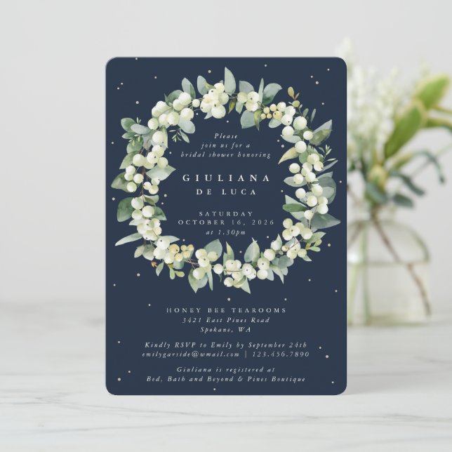 Elegant Navy Snowberry+Eucalyptus Bridal Shower Invitation (Standing Front)