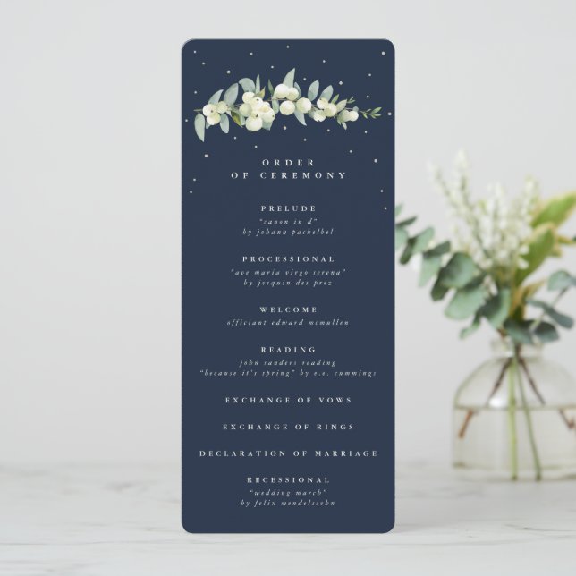 Elegant Navy Snowberry+Eucalyptus Stem Wedding Programme (Standing Front)
