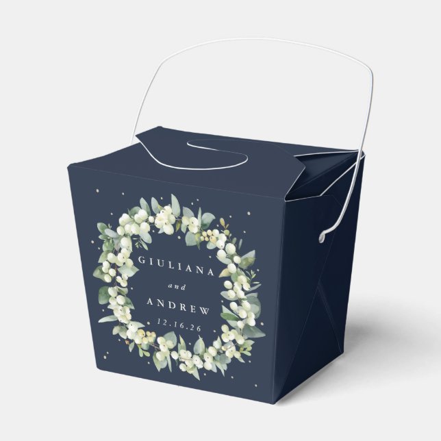 Elegant Navy Snowberry+Eucalyptus Winter Wedding Favour Box (Front Side)