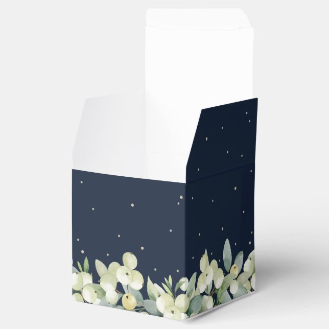 Elegant Navy Snowberry+Eucalyptus Winter Wedding Favour Box (Opened)