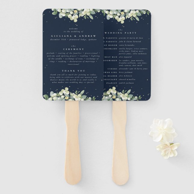 Elegant Navy Snowberry+Eucalyptus Winter Wedding Hand Fan (Front and Back)