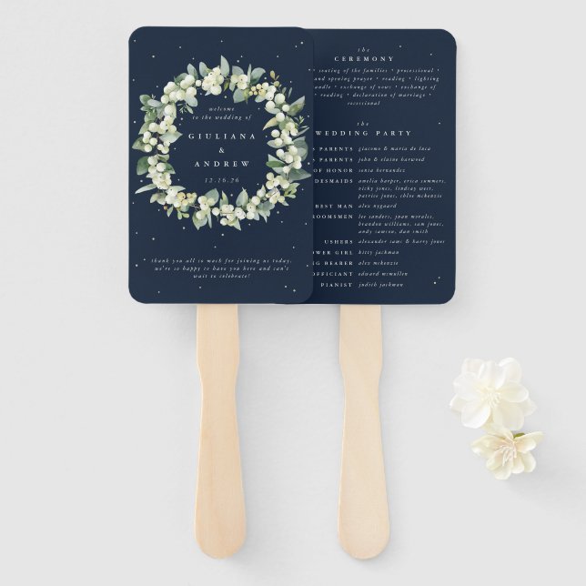 Elegant Navy Snowberry+Eucalyptus Winter Wedding Hand Fan (Front and Back)