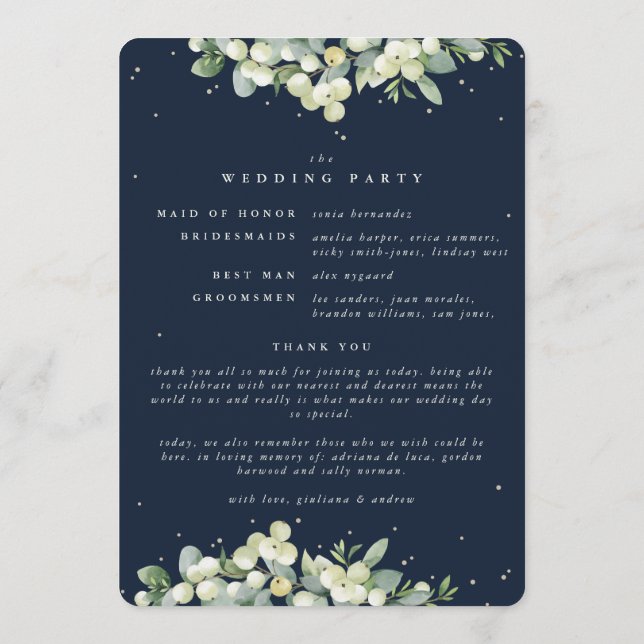 Elegant Navy Snowberry+Eucalyptus Winter Wedding Programme (Back)