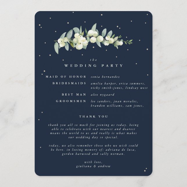 Elegant Navy Snowberry+Eucalyptus Winter Wedding Programme (Back)
