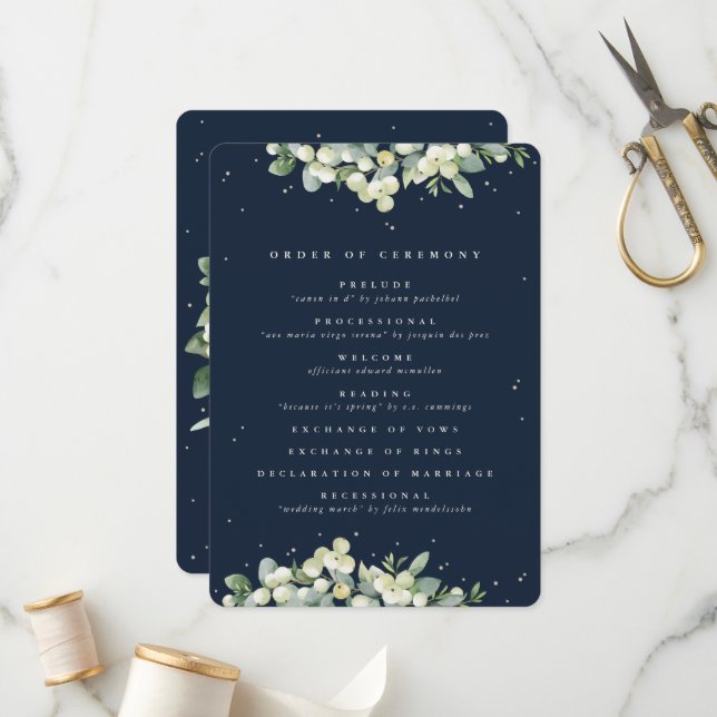 Elegant Navy Snowberry+Eucalyptus Winter Wedding Programme (Front/Back In Situ)