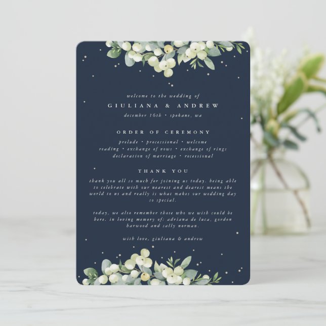 Elegant Navy Snowberry+Eucalyptus Winter Wedding Programme (Standing Front)