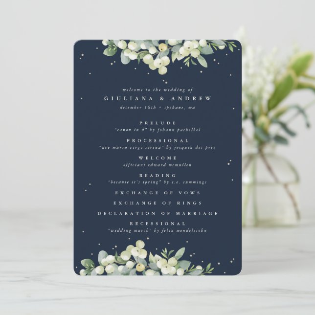 Elegant Navy Snowberry+Eucalyptus Winter Wedding Programme (Standing Front)