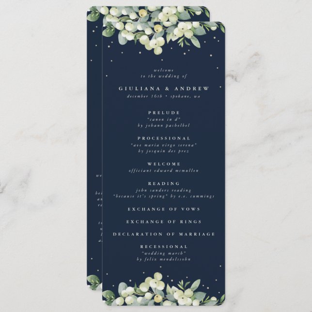 Elegant Navy Snowberry+Eucalyptus Winter Wedding Programme (Front/Back)