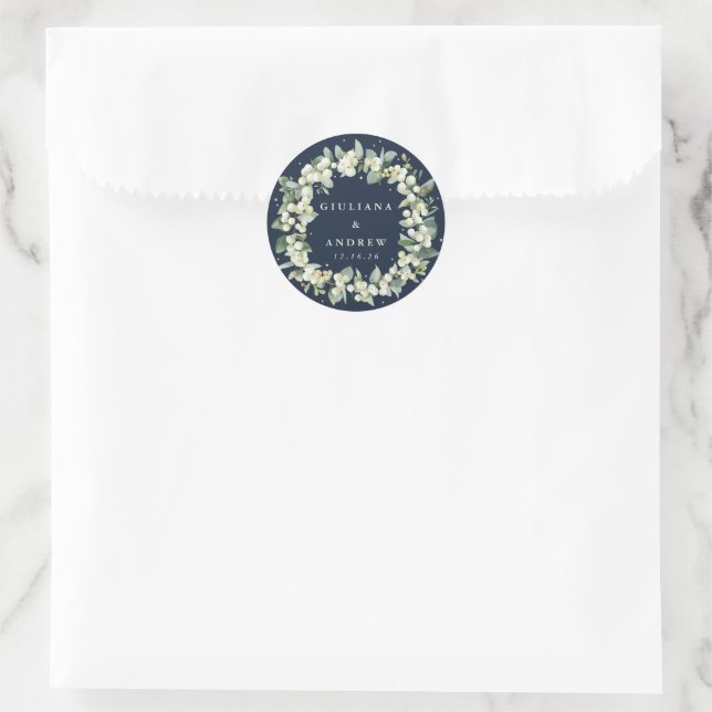 Elegant Navy Snowberry+Eucalyptus Wreath Wedding Classic Round Sticker (Bag)