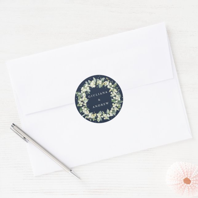 Elegant Navy Snowberry+Eucalyptus Wreath Wedding Classic Round Sticker (Envelope)