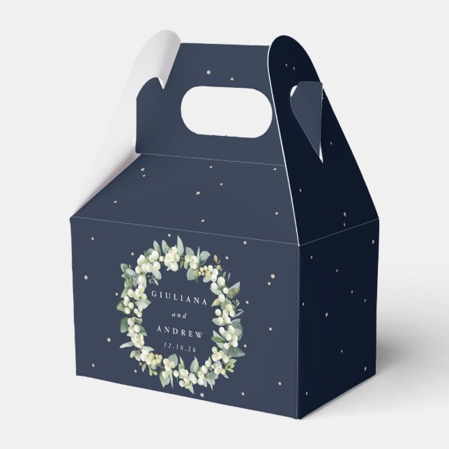 Elegant Navy Snowberry+Eucalyptus Wreath Wedding Favour Box (Front Side)