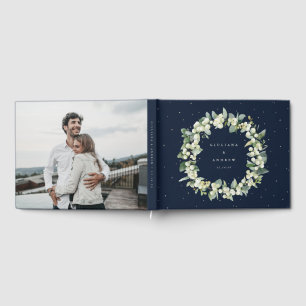 Elegant Navy Snowberry+Eucalyptus Wreath Wedding Guest Book