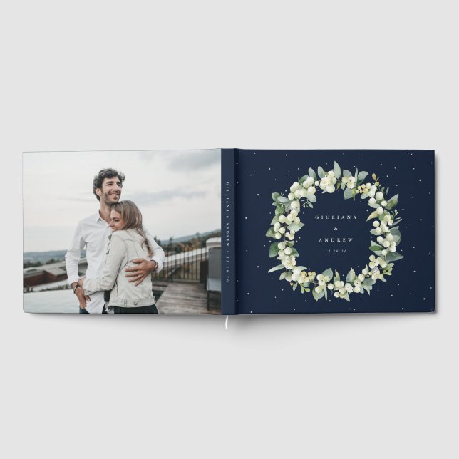 Elegant Navy Snowberry+Eucalyptus Wreath Wedding Guest Book (Full)