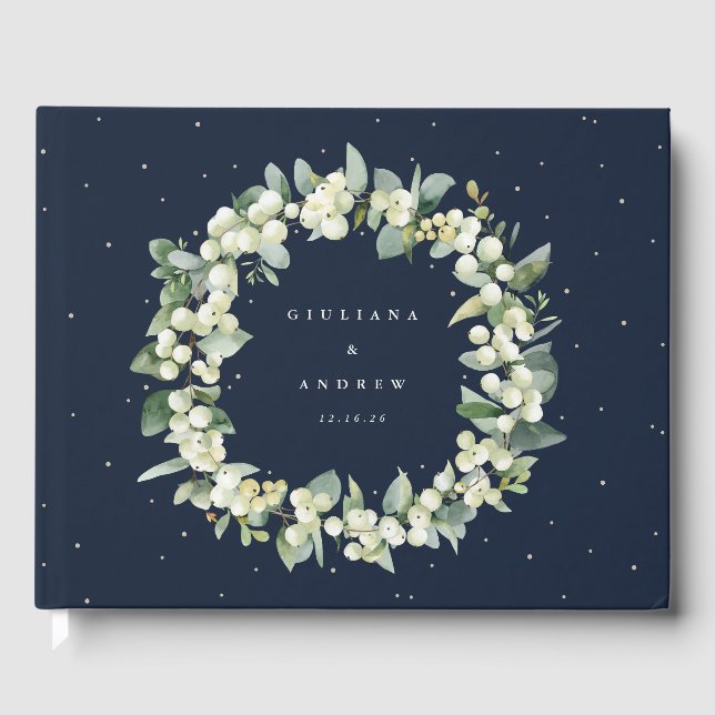 Elegant Navy Snowberry+Eucalyptus Wreath Wedding Guest Book (Front)