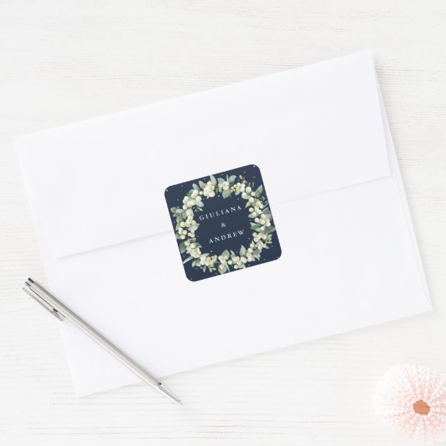 Elegant Navy Snowberry+Eucalyptus Wreath Wedding Square Sticker (Envelope)