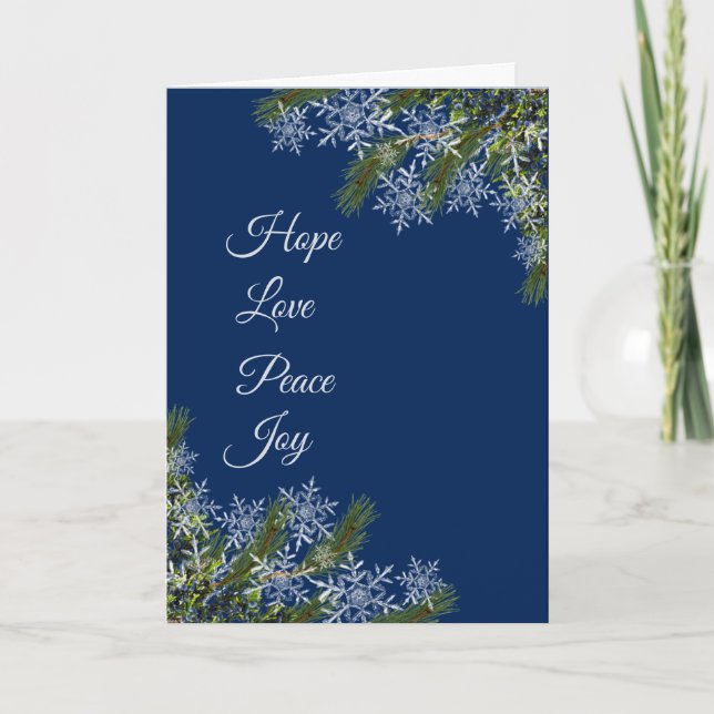 Elegant Navy Snowflake & Pine Folded Holiday Card (Front)