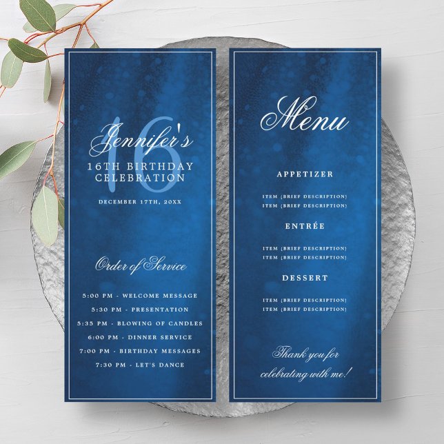 Elegant Navy Sparkle 16th Birthday Program Menu Invitation (Elegant Navy Sparkle 16th Birthday Program Menu)