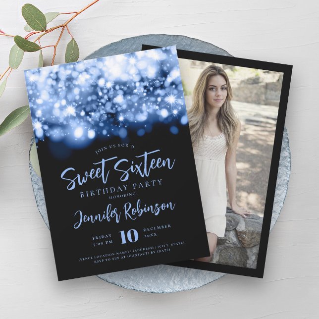 Elegant Navy Sparkle Lights Photo Sweet 16   Invitation (Elegant Navy Sparkle Lights Photo Sweet 16 Invitation)