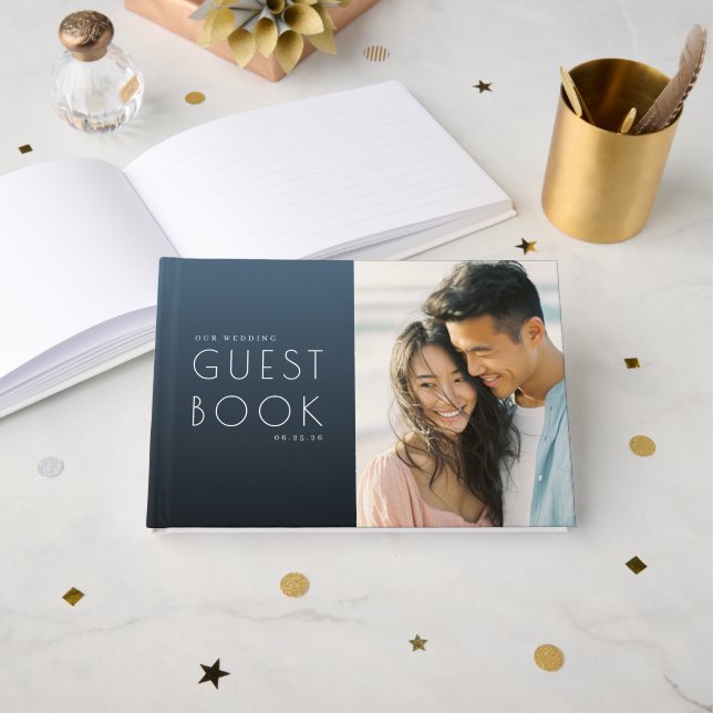 Elegant Navy Star Confetti Guest Book (Front Open)