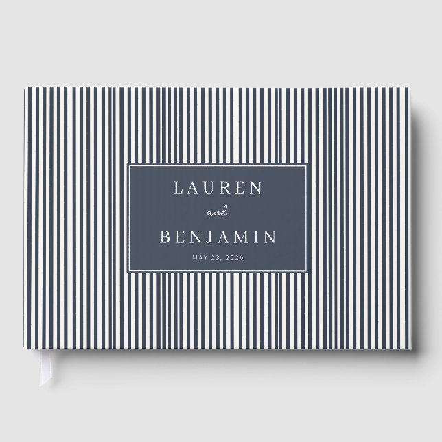Elegant Navy Striped Rectangle Guest Book (Front)