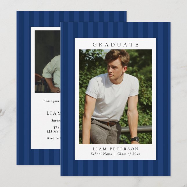 Elegant Navy Stripes 2 Photo Graduation Party Invitation (Front/Back)