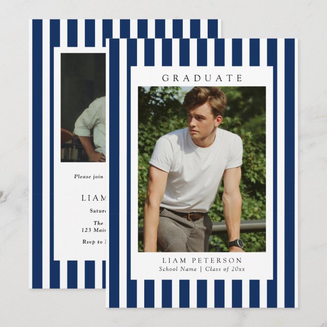 Elegant Navy Stripes 2 Photo Graduation Party Invitation (Front/Back)