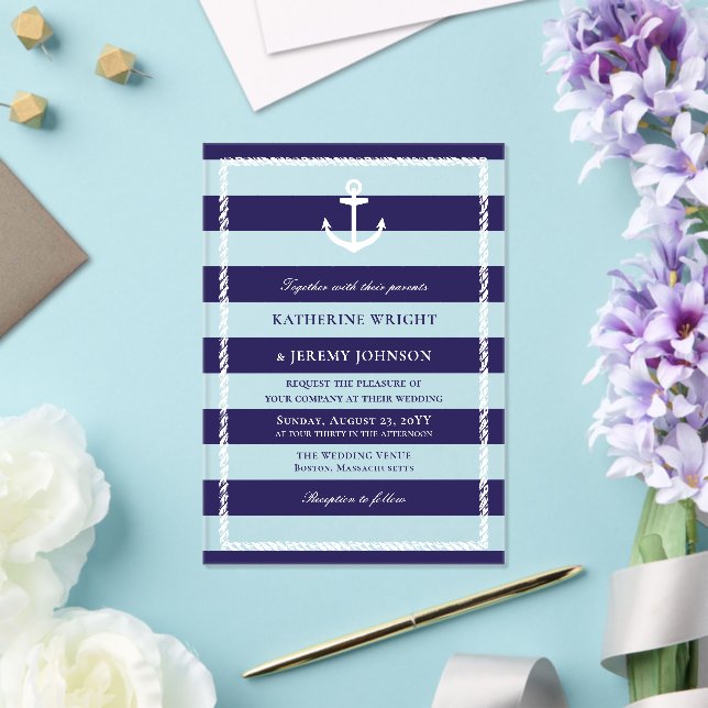 Elegant Navy Stripes Anchor Nautical Wedding Acrylic Invitations (Insitu (Wedding))