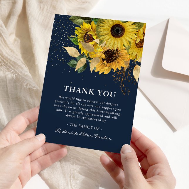 Elegant Navy Sunflower & Gold Sympathy Memorial Thank You Card (Creator Uploaded)