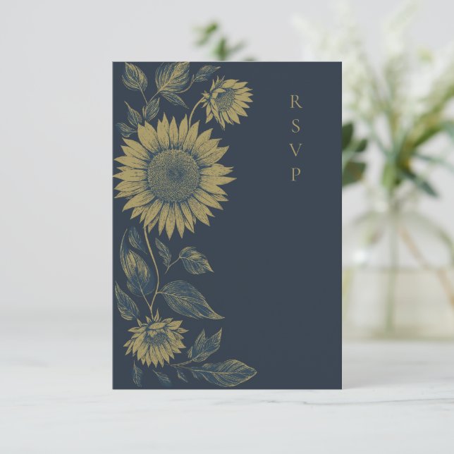 elegant navy sunflower wedding meal choices RSVP Card (Standing Front)