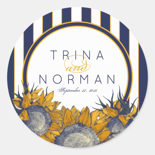 Elegant Navy Sunflower Wedding Stickers (Front)