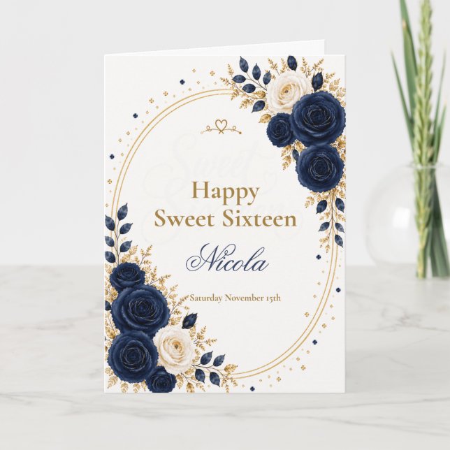 Elegant Navy Sweet 16 Card (Front)