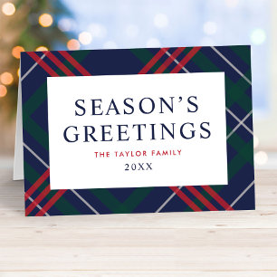 Elegant Navy Tartan Plaid Seasons Greetings Holiday Card
