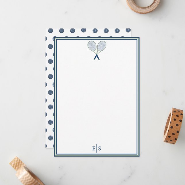 Elegant Navy Tennis Monogram Flat Note Card (Front/Back In Situ)