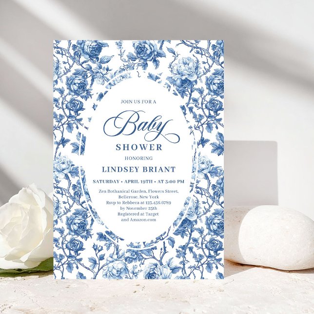 Elegant Navy Toile de Jouy Rose Baby Shower Invite (Elegant Navy Toile de Jouy Rose Baby Shower Invitation)