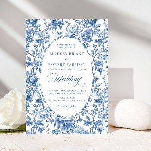 Elegant Navy Toile de Jouy Rose Floral Wedding Invitation