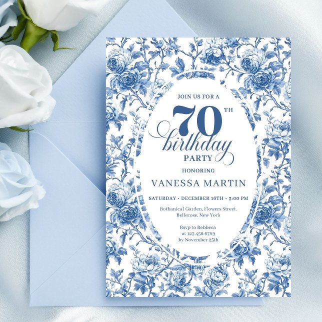 Elegant navy toile roses seventieth birthday party invitation (Elegant navy toile roses seventieth birthday party invitation

)