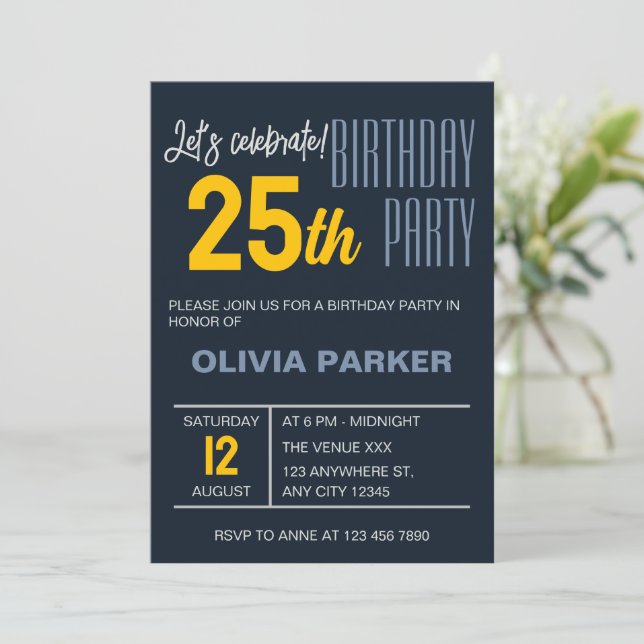 Elegant Navy Trendy Adult Birthday Celebration  Invitation (Standing Front)