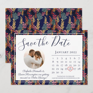 Elegant Navy Tropical Leaf Beach Wedding Calendar Save The Date